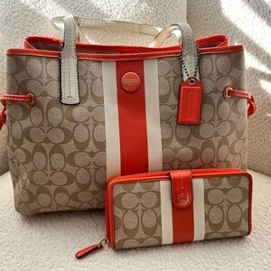 Coach Signature Stripe Carryall Tote Bag & Wallet